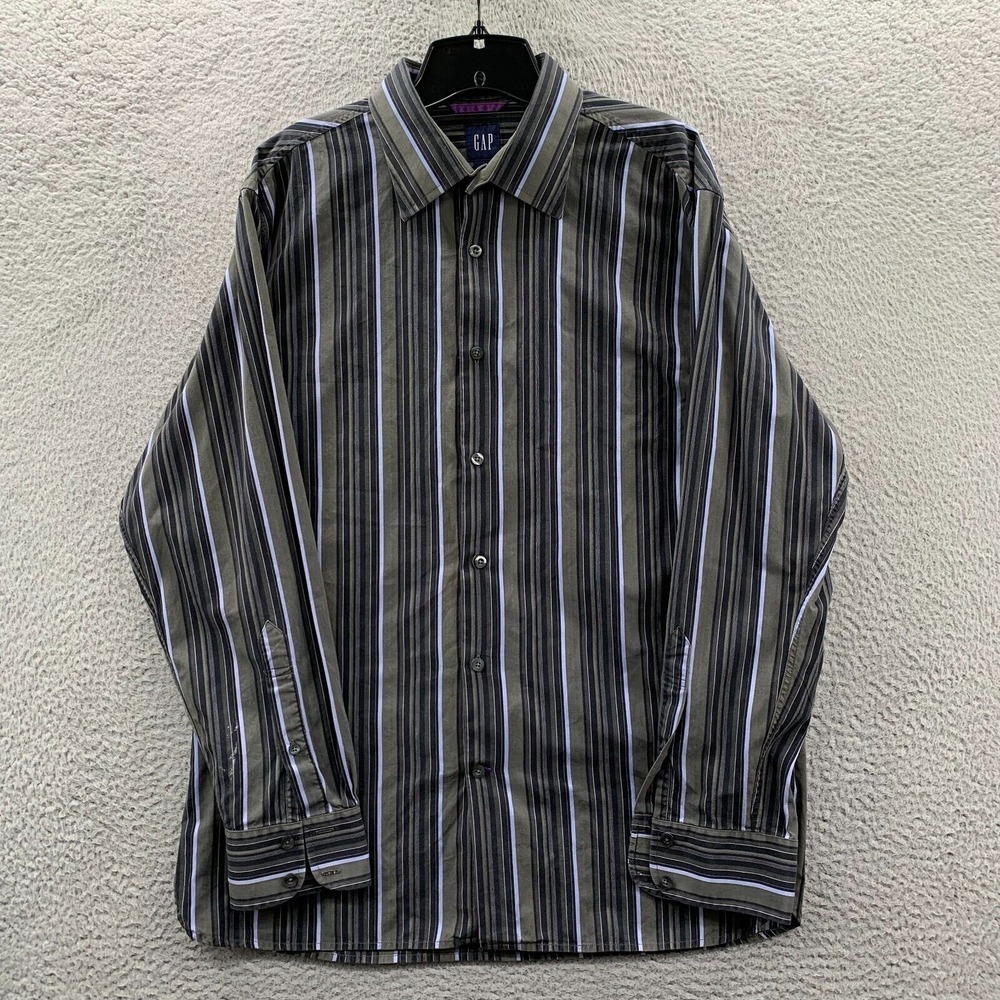 VINTAGE Gap Shirt Mens Large Button Up Striped Long Sleeve Gray Blue